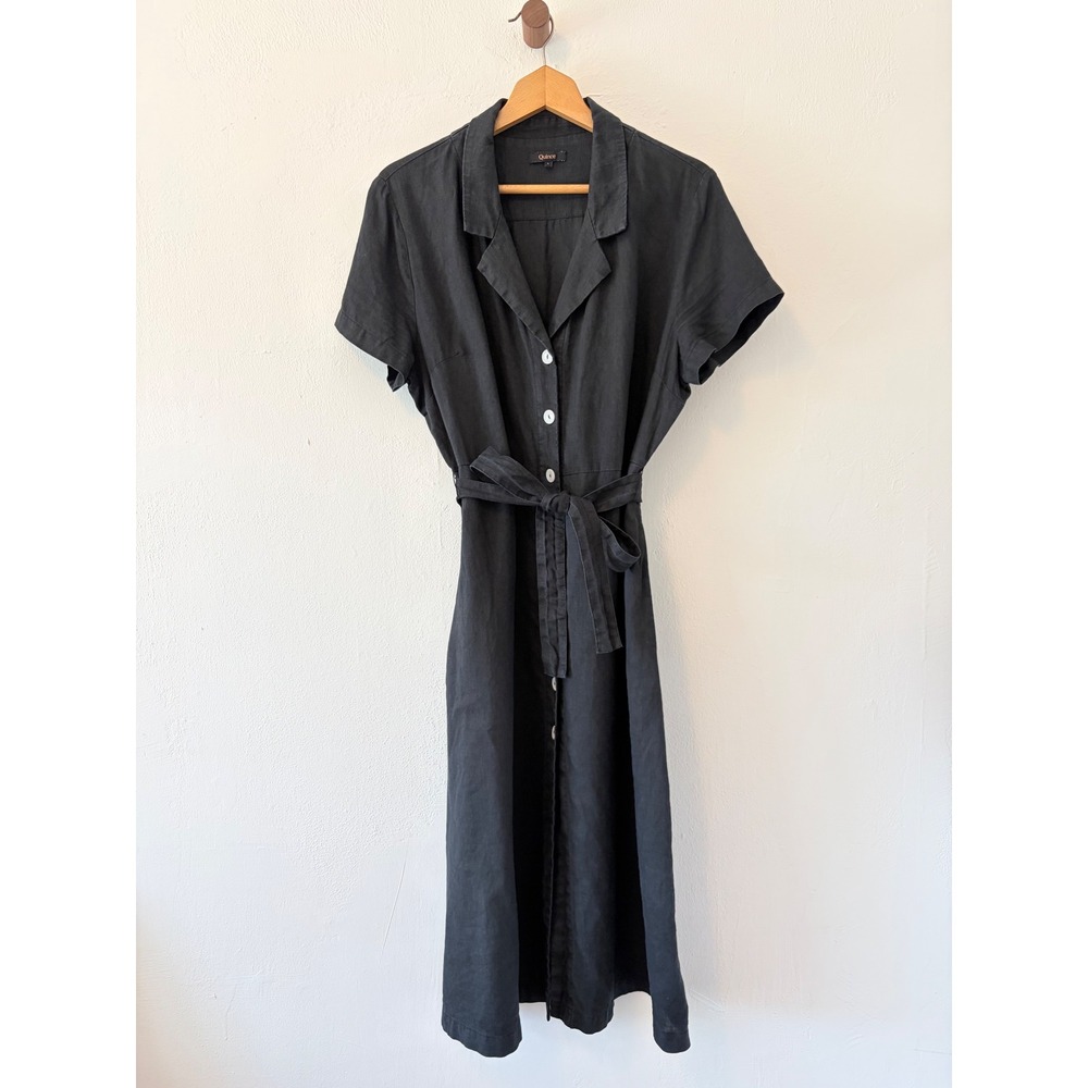 Quince Dress Women L Black 100% Linen Button Front Short Sleeve Tie Waist Midi